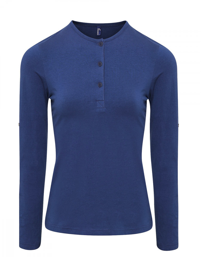 Henley Shirt Damen langarm in Blau mit Knopfleiste und krempelbaren Ärmeln – Bequemes Langarmshirt
