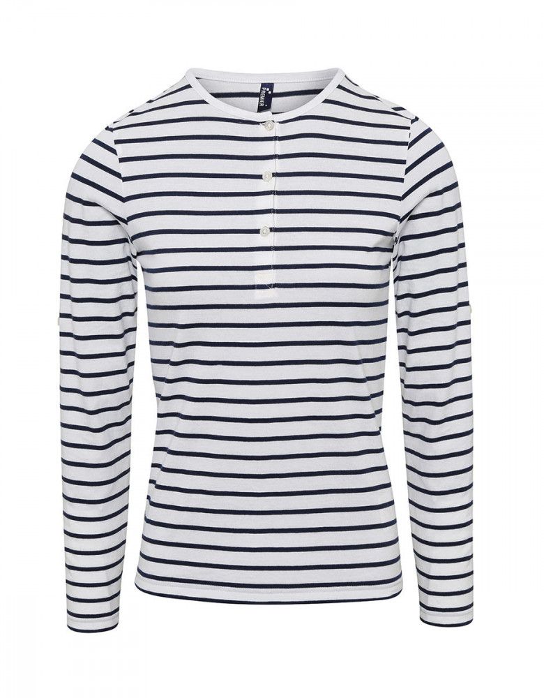 Langarmshirt Blau Weiß gestreift Damen – Henley-Shirt mit Knopfleiste, krempelbaren Ärmeln und Rundhalsausschnitt aus weichem Stretch-Gewebe.