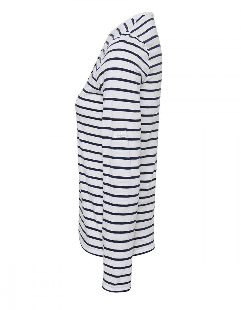 Langarmshirt Blau Weiß gestreift Damen – Henley-Shirt mit Knopfleiste, krempelbaren Ärmeln und Rundhalsausschnitt aus weichem Stretch-Gewebe.