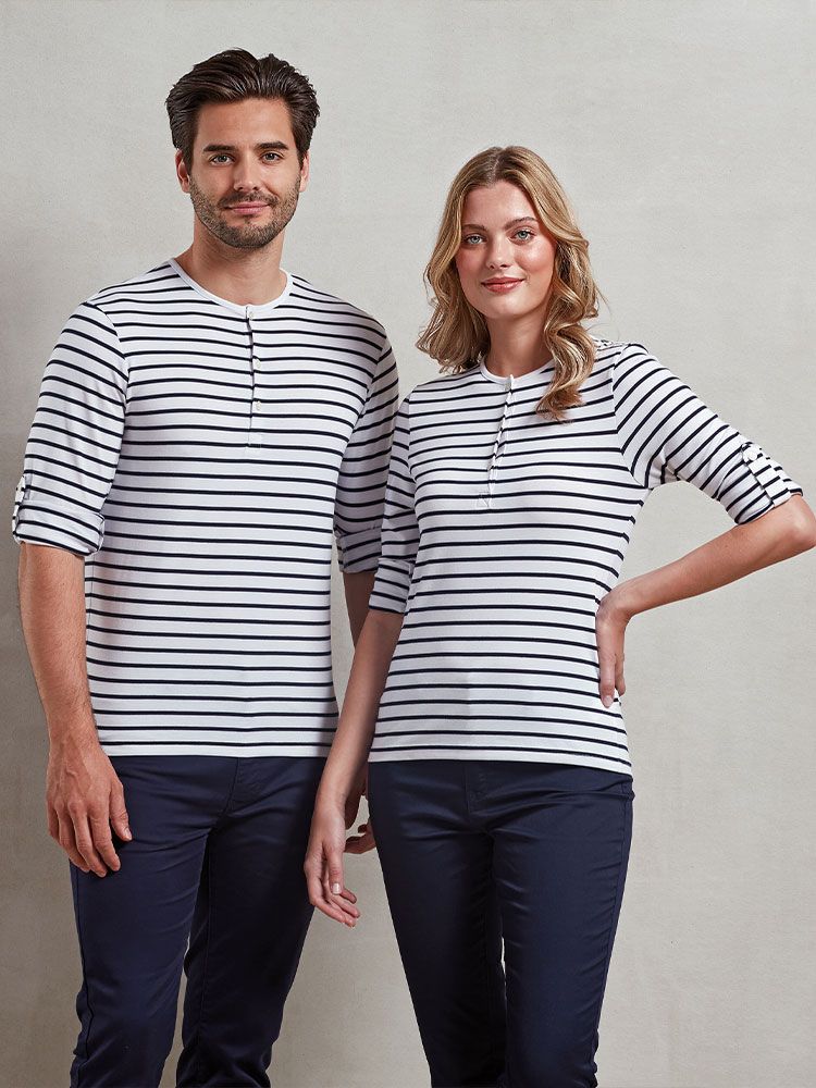 Langarmshirt Blau Weiß gestreift Damen – Henley-Shirt mit Knopfleiste, krempelbaren Ärmeln und Rundhalsausschnitt aus weichem Stretch-Gewebe.