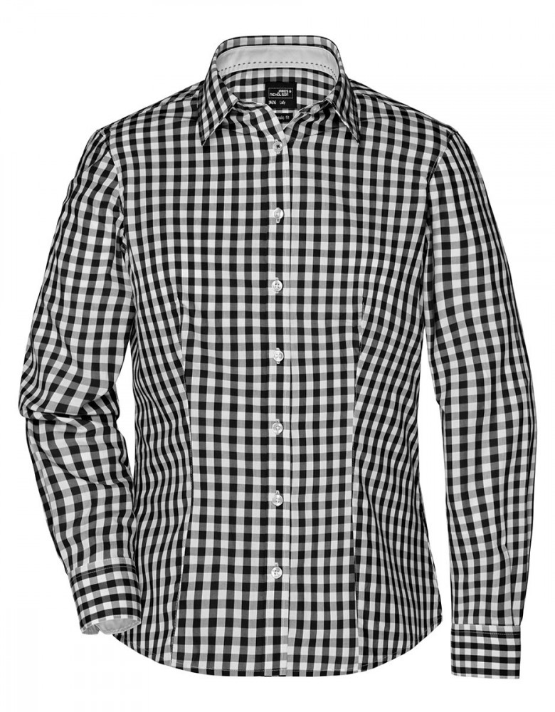 Damenbluse schwarz weiß kariert mit unifarbenen Einsätzen an Kragen und Manschetten, taillierter Schnitt