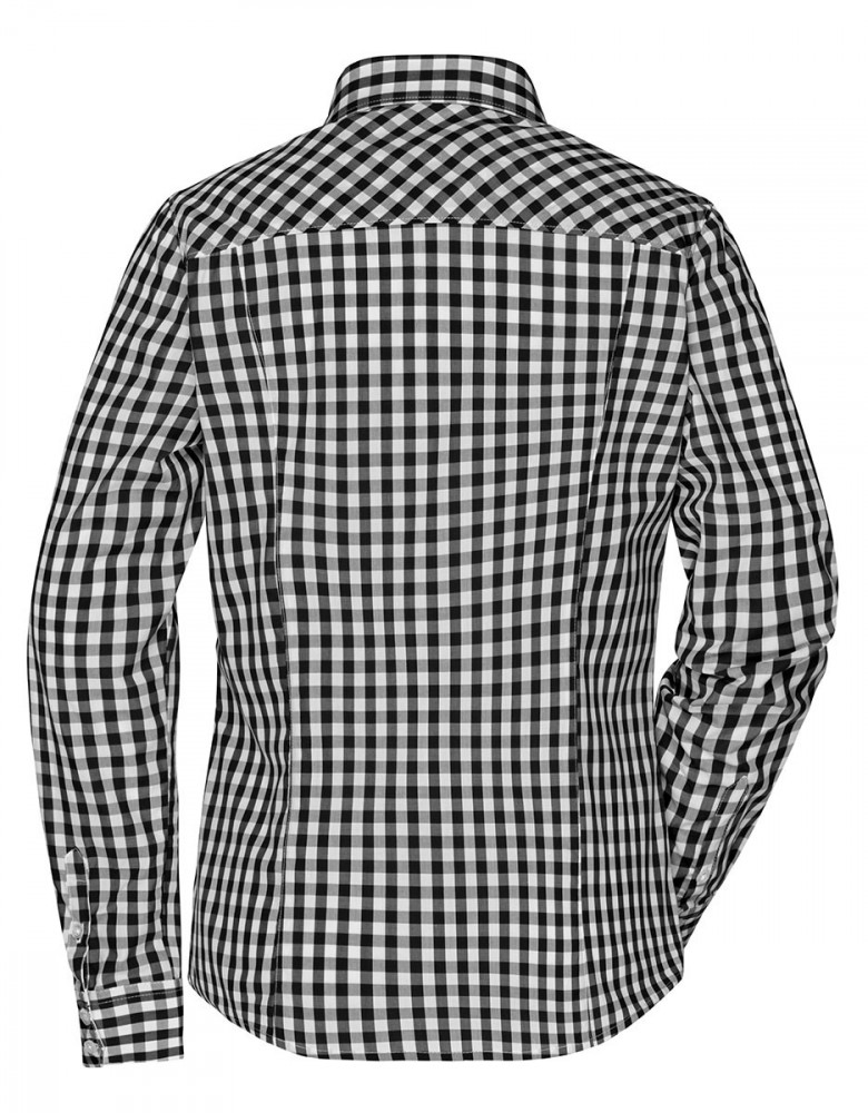 Damenbluse schwarz weiß kariert mit unifarbenen Einsätzen an Kragen und Manschetten, taillierter Schnitt