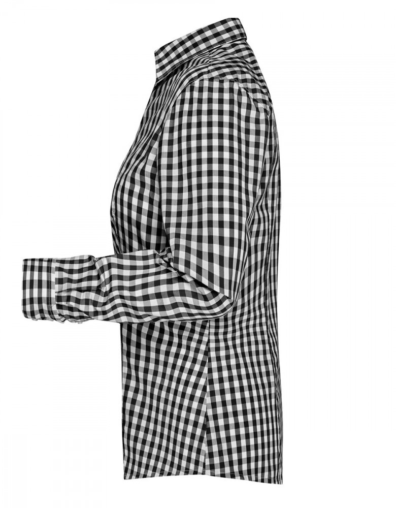 Damenbluse schwarz weiß kariert mit unifarbenen Einsätzen an Kragen und Manschetten, taillierter Schnitt