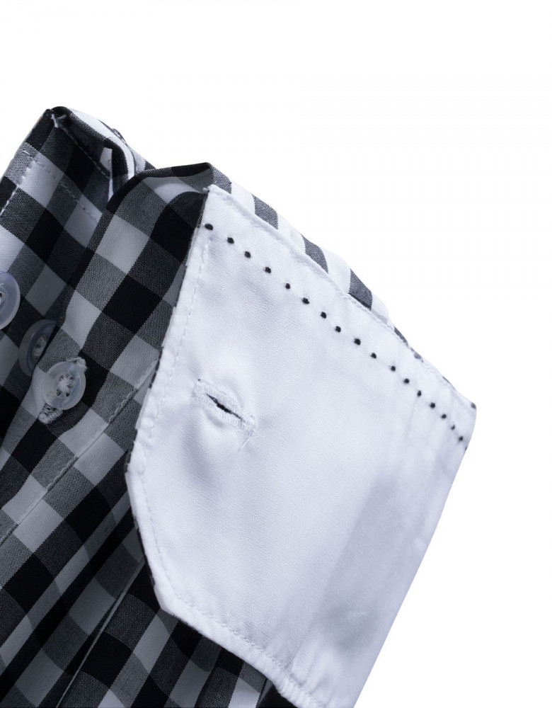 Damenbluse schwarz weiß kariert mit unifarbenen Einsätzen an Kragen und Manschetten, taillierter Schnitt