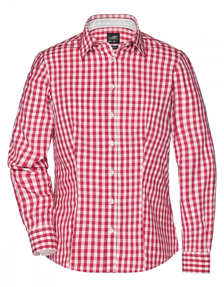 Damenbluse rot-weiß kariert mit langem Arm, tailliertem Schnitt und unifarbenen Einsätzen an Kragen und Manschetten – ideal für Gastronomie oder Hotellerie