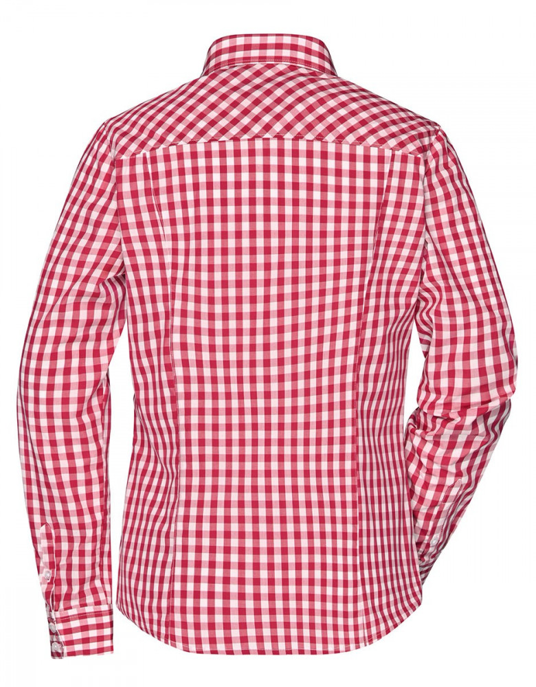 Damenbluse rot-weiß kariert mit langem Arm, tailliertem Schnitt und unifarbenen Einsätzen an Kragen und Manschetten – ideal für Gastronomie oder Hotellerie