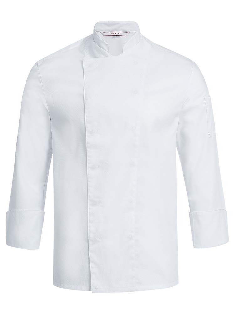 Greiff Kochjacke Herren Langarm in Weiß mit verdeckten Druckknöpfen, Armtasche und Lüftungslöchern – pflegeleichte Berufsbekleidung für Köche, Bäcker und Konditoren.