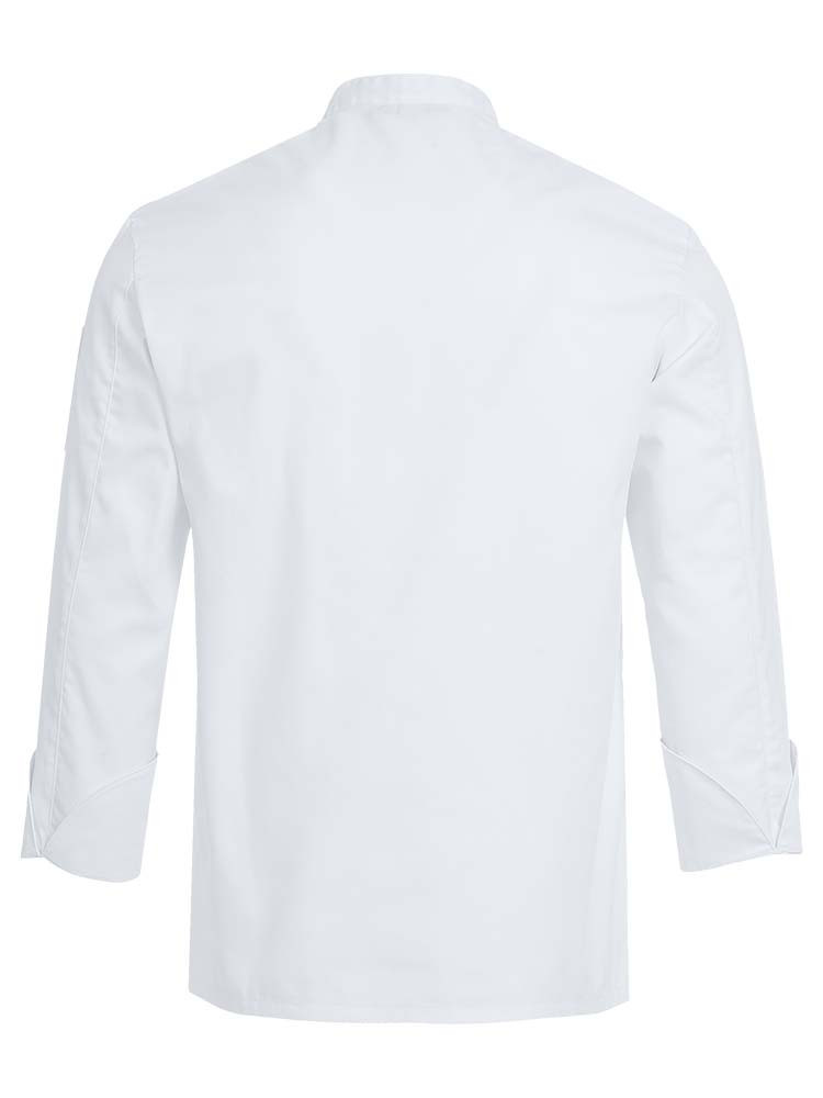 Greiff Kochjacke Herren Langarm in Weiß mit verdeckten Druckknöpfen, Armtasche und Lüftungslöchern – pflegeleichte Berufsbekleidung für Köche, Bäcker und Konditoren.