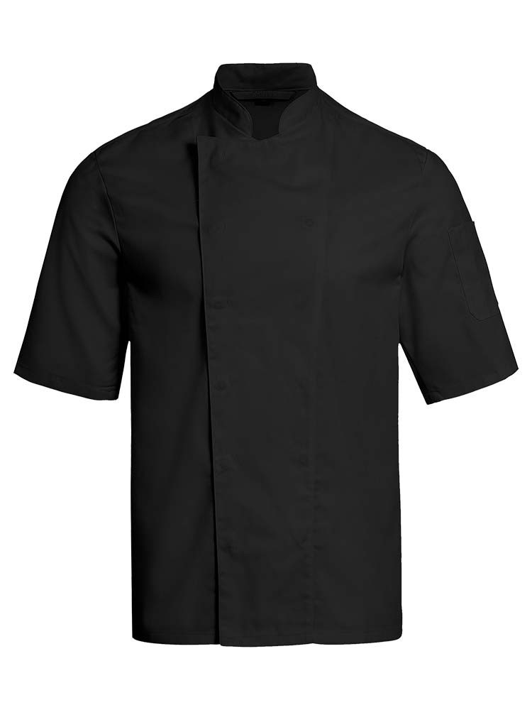 Schwarze Kochjacke Herren Kurzarm mit verdeckter Knopfleiste und Stehkragen – ideal für Küche und Gastronomie