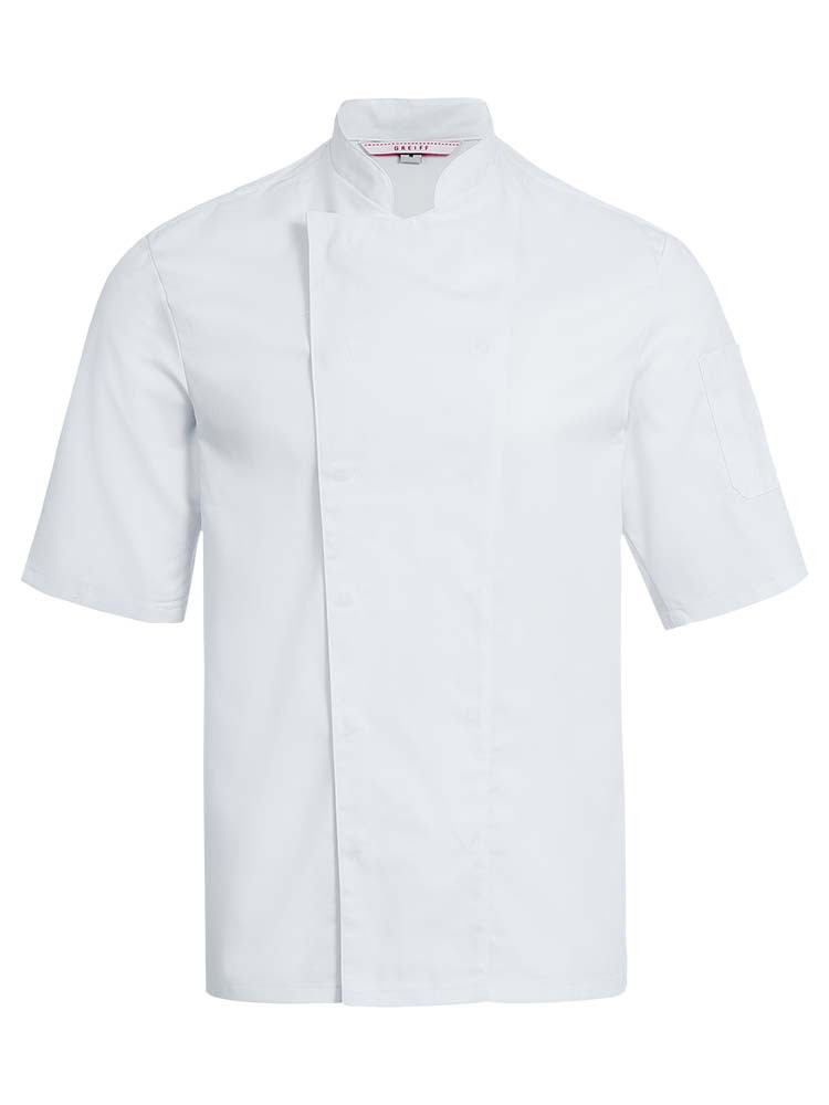 Weiße Kochjacke Herren Kurzarm mit Stehkragen und verdeckter Knopfleiste – ideal für Profis in Küche und Gastronomie