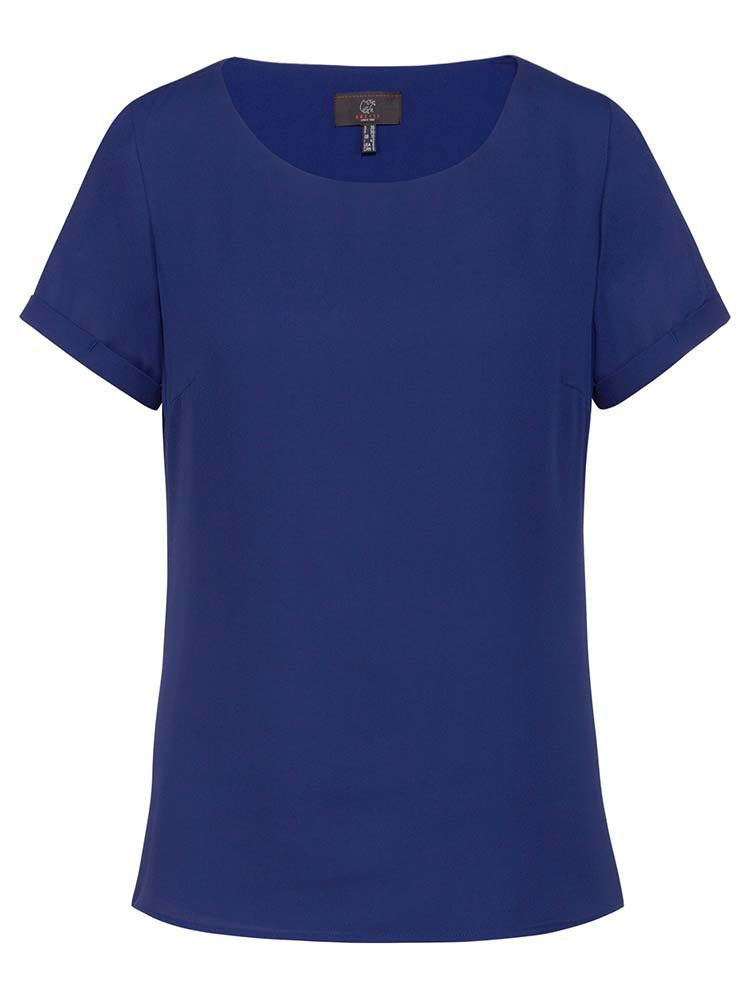 Blaue Damen-Chiffonbluse mit kurzem Arm, fließendem Stoff und modernem T-Shirt-Schnitt für Business und Service.