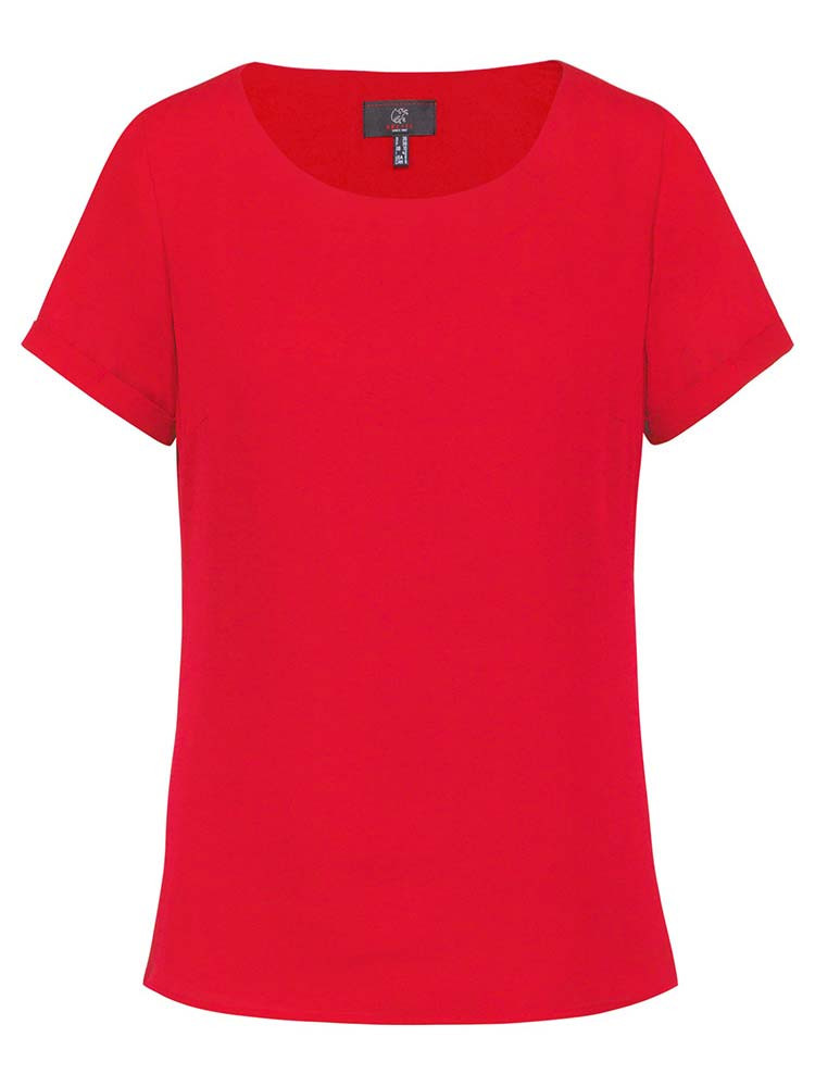 Rote Damen-Chiffonbluse mit kurzem Arm, fließendem Stoff und modernem T-Shirt-Schnitt für Business und Service