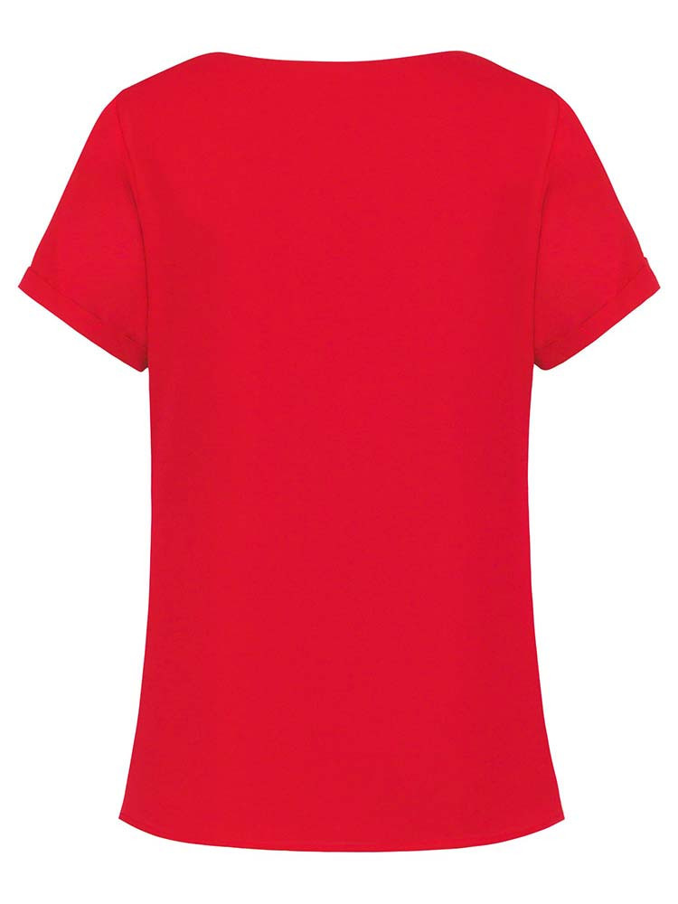 Rote Damen-Chiffonbluse mit kurzem Arm, fließendem Stoff und modernem T-Shirt-Schnitt für Business und Service