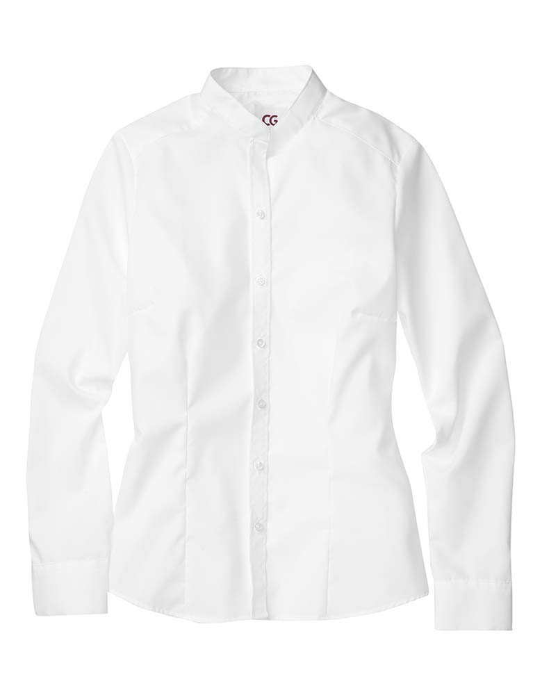 Weiße Bluse mit Stehkragen für Damen – Slim Fit, bügelfrei, industriewäschegeeignet, ideal für Gastronomie, Hotellerie und Service.