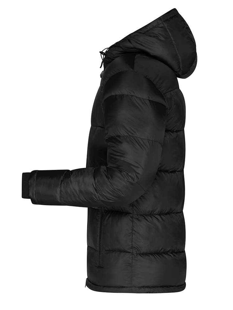 Herren Winterjacke schwarz – gesteppte, gefütterte Jacke mit Kapuze und rotem Innenfutter