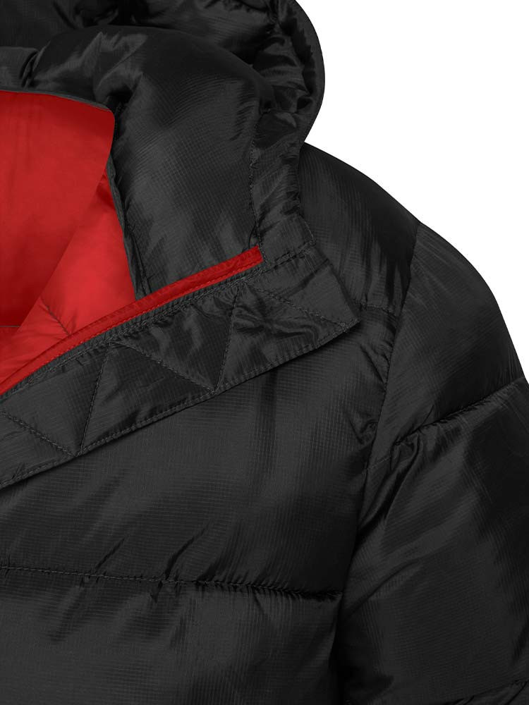 Herren Winterjacke schwarz – gesteppte, gefütterte Jacke mit Kapuze und rotem Innenfutter
