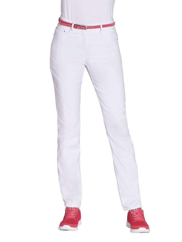 Weiße Stretch Hose für Damen mit Five-Pocket-Design, elastischem Gewebe und Gürtelschlaufen