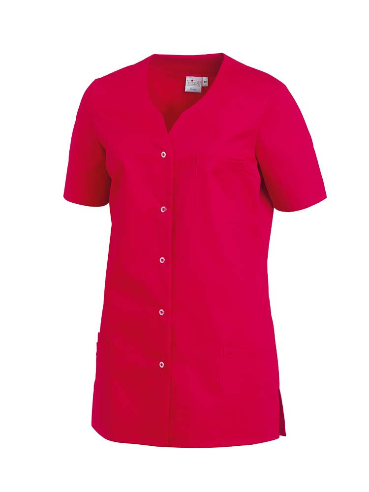 Roter Kasack mit Ärmel, halblang, Druckknöpfe, Seitentaschen und Brusttasche für Pflege, Housekeeping oder Kosmetik