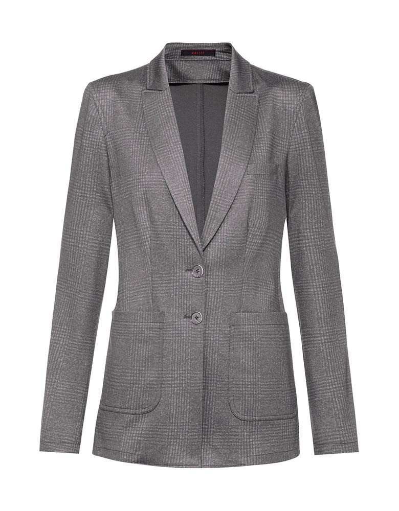 Damen Langblazer Glencheck Grau mit Spitzfacon-Revers und aufgesetzten Taschen