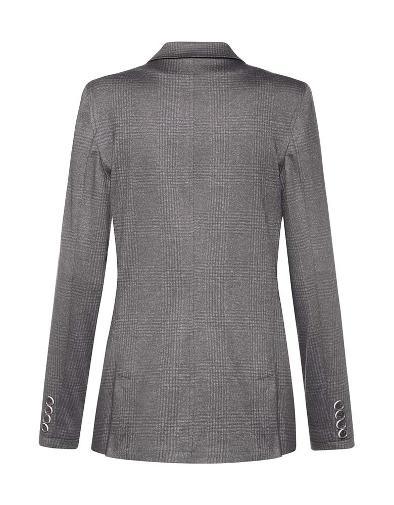 Damen Langblazer Glencheck Grau mit Spitzfacon-Revers und aufgesetzten Taschen