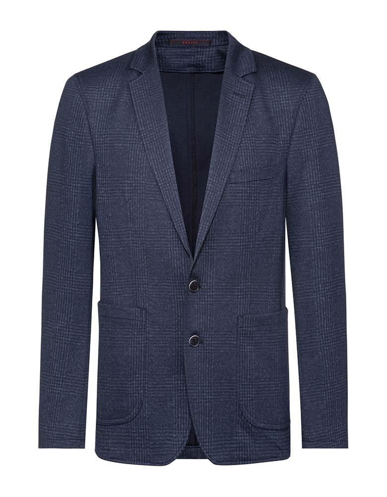Herren Jersey Sakko Glencheck Dunkelblau – Regular Fit, sportlich-elegantes Sakko mit dezentem Glencheck-Muster, Zwei-Knopf-Verschluss, aufgesetzten Taschen und Seitenschlitzen, ideal für Business, Büro, Verkauf und Gastronomie