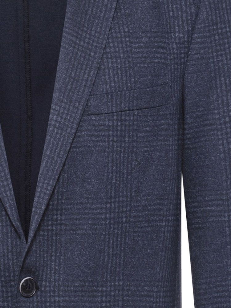 Herren Jersey Sakko Glencheck Dunkelblau – Regular Fit, sportlich-elegantes Sakko mit dezentem Glencheck-Muster, Zwei-Knopf-Verschluss, aufgesetzten Taschen und Seitenschlitzen, ideal für Business, Büro, Verkauf und Gastronomie