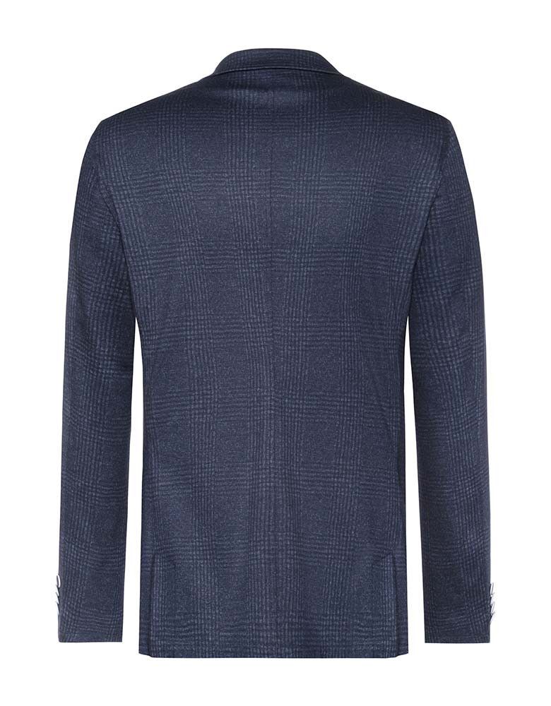 Herren Jersey Sakko Glencheck Dunkelblau – Regular Fit, sportlich-elegantes Sakko mit dezentem Glencheck-Muster, Zwei-Knopf-Verschluss, aufgesetzten Taschen und Seitenschlitzen, ideal für Business, Büro, Verkauf und Gastronomie