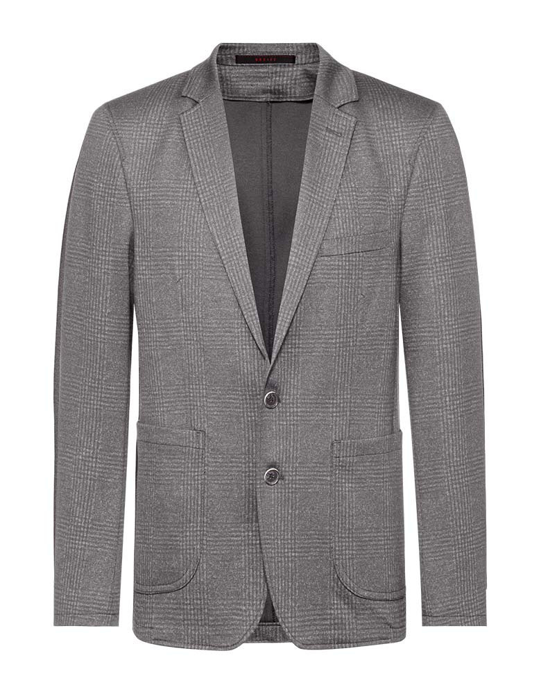 Herren Jersey Sakko Glencheck Grau – Regular Fit, stilvolles Sakko mit dezentem Glencheck-Muster, Zwei-Knopf-Verschluss, aufgesetzten Taschen und Seitenschlitzen, ideal für Business, Büro, Verkauf und Gastronomie.