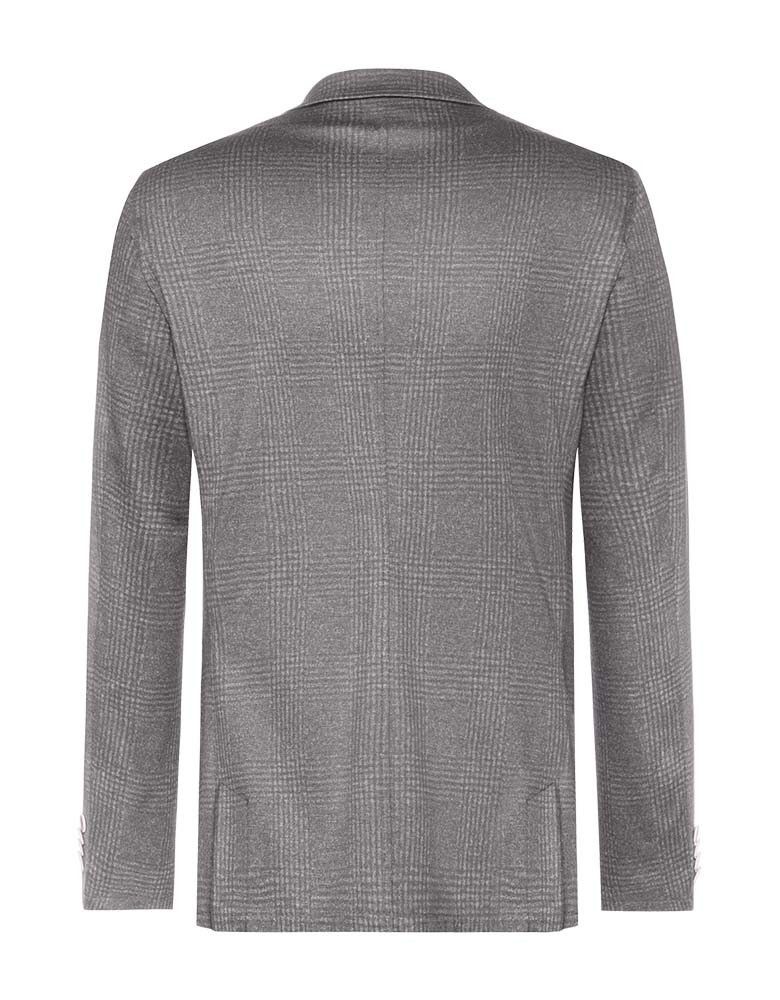 Herren Jersey Sakko Glencheck Grau – Regular Fit, stilvolles Sakko mit dezentem Glencheck-Muster, Zwei-Knopf-Verschluss, aufgesetzten Taschen und Seitenschlitzen, ideal für Business, Büro, Verkauf und Gastronomie.