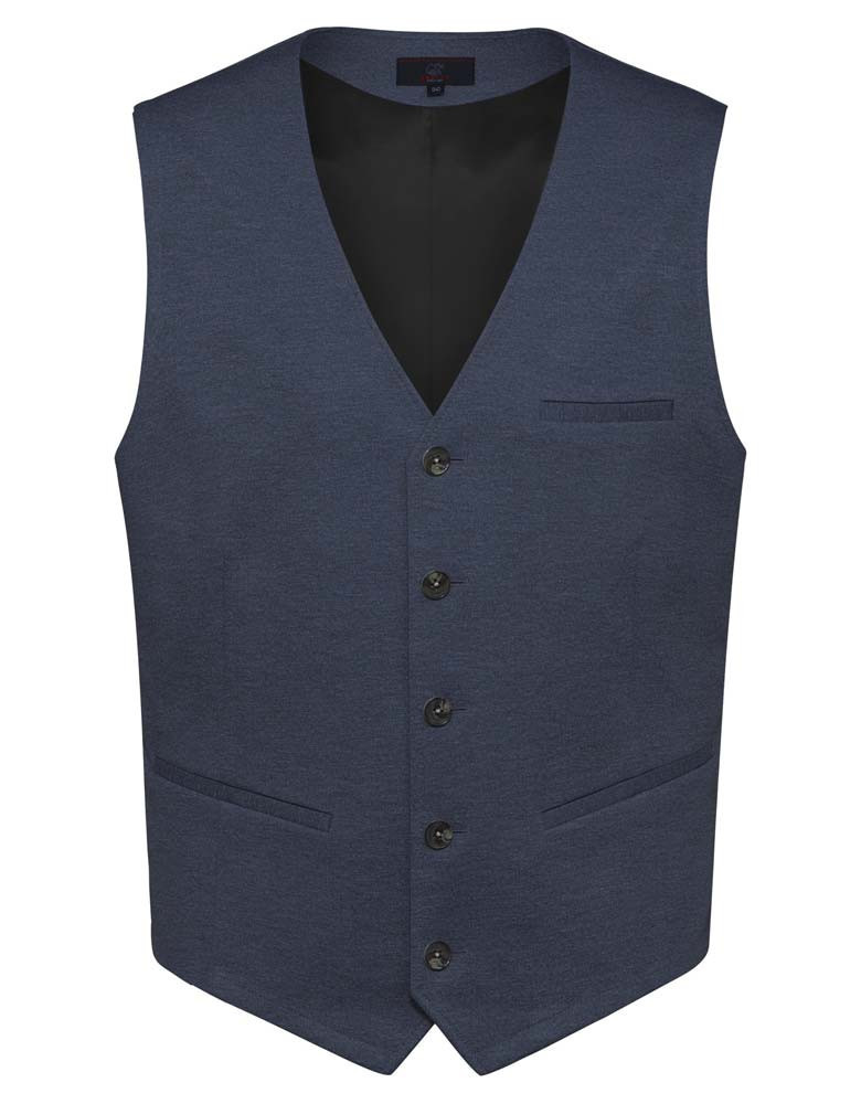 Herren Jersey Weste Blau Meliert – Regular Fit, 5-Knopf-Leiste, Leistentaschen, weicher Jersey-Stoff mit Stretch, Business- und Freizeitweste für Büro, Verkauf, Gastronomie