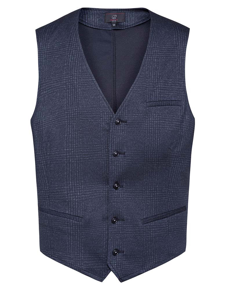 Herren Jersey Weste Glencheck Dunkelblau – Regular Fit, 5-Knopf-Leiste, Leistentaschen, weicher Jersey-Stoff mit Stretch, Business- und Freizeitweste für Büro, Verkauf, Gastronomie