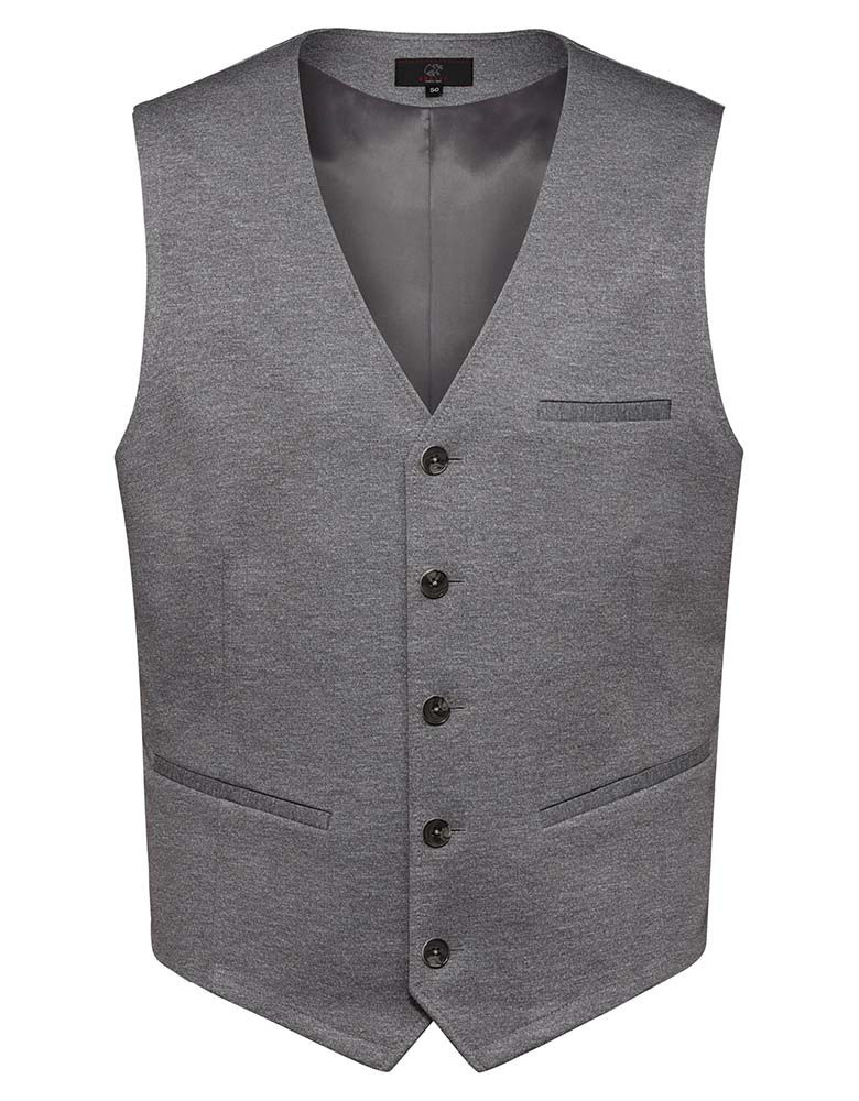 Herren Jersey Weste Grau Meliert – Regular Fit, 5-Knopf-Leiste, Leistentaschen, weicher Jersey-Stoff mit Stretch, Business- und Freizeitweste für Büro, Verkauf, Gastronomie