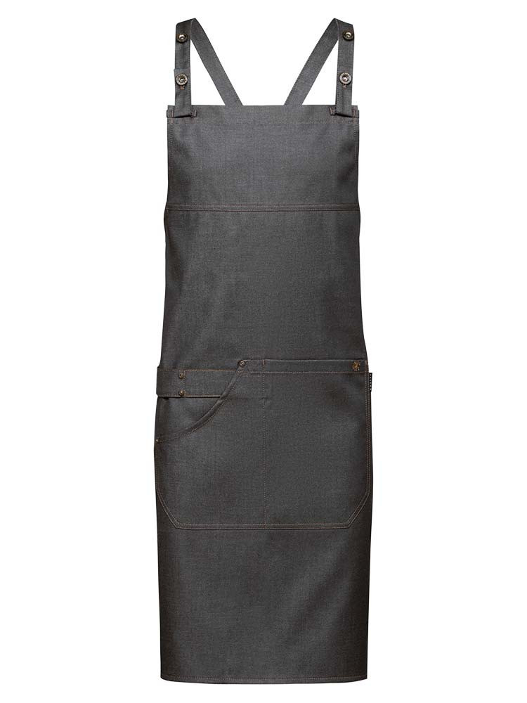 Graue Latzschürze in Denim-Optik mit verstellbarem Nackenband, aufgesetzten Taschen und Geschirrtuchschlaufe – ideal für Gastronomie, Service und Handwerk