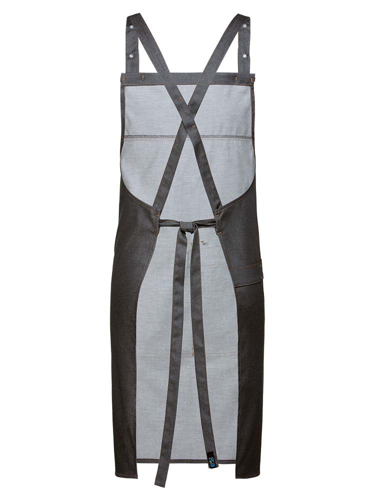 Graue Latzschürze in Denim-Optik mit verstellbarem Nackenband, aufgesetzten Taschen und Geschirrtuchschlaufe – ideal für Gastronomie, Service und Handwerk