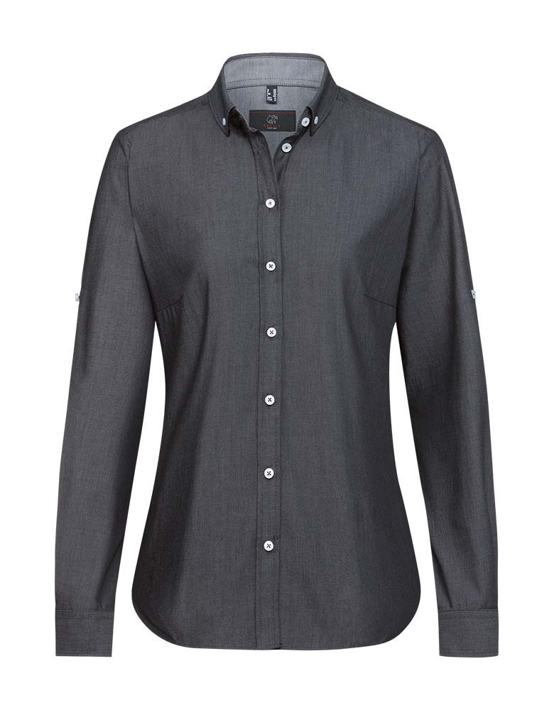 Jeansbluse Damen in Grau mit Button-Down-Kragen, Krempelärmeln und seitlichem Kontrasteinsatz – ideal für Gastronomie, Hotellerie und Freizeit.