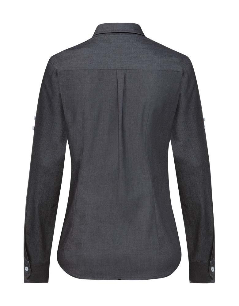 Jeansbluse Damen in Grau mit Button-Down-Kragen, Krempelärmeln und seitlichem Kontrasteinsatz – ideal für Gastronomie, Hotellerie und Freizeit.