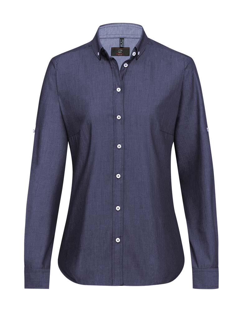 Jeansbluse Damen in Dunkelblau mit Button-Down-Kragen, Krempelärmeln und seitlichem Kontrasteinsatz – ideal für Gastronomie, Hotellerie und Freizeit.
