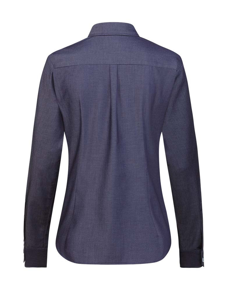 Jeansbluse Damen in Dunkelblau mit Button-Down-Kragen, Krempelärmeln und seitlichem Kontrasteinsatz – ideal für Gastronomie, Hotellerie und Freizeit.