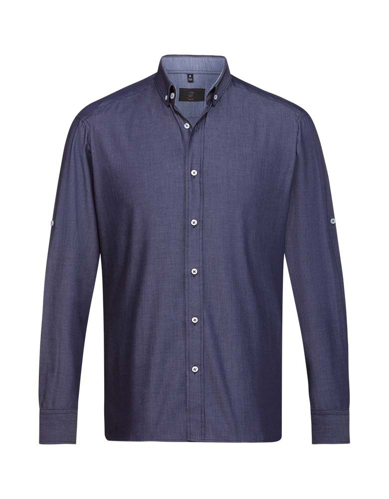 Herren Jeanshemd Regular Fit in Dunkelblau mit Button-Down-Kragen, Krempelärmeln und seitlichem Kontrasteinsatz – Arbeitshemd für Gastronomie, Hotel und Service.