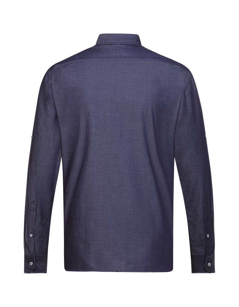 Herren Jeanshemd Regular Fit in Dunkelblau mit Button-Down-Kragen, Krempelärmeln und seitlichem Kontrasteinsatz – Arbeitshemd für Gastronomie, Hotel und Service.