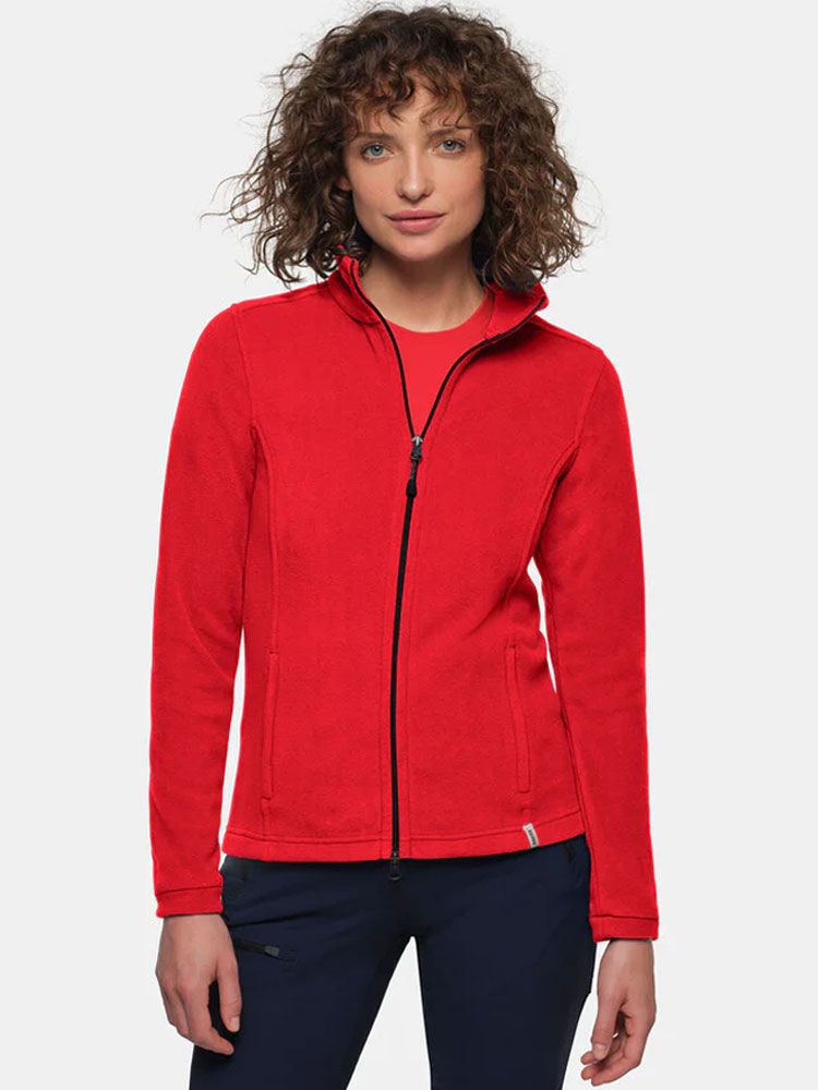 Leichte Fleecejacke Damen ohne Kapuze in Rot aus Microfleece, modischer Regular Fit für den Berufsalltag in Medizin, Pflege und Gastronomie
