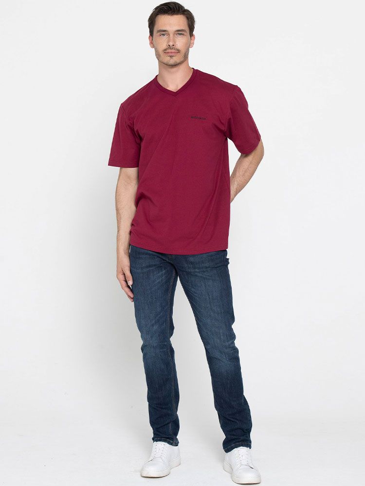 Herren T-Shirt Bordeaux mit V-Ausschnitt – gerade geschnitten, XS bis 5XL