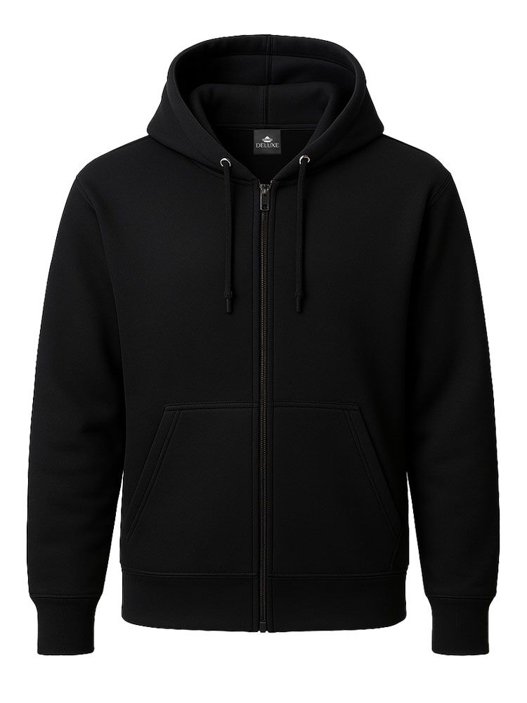 Schwarze Unisex Kapuzen-Sweatjacke, gerade geschnitten, mit Kängurutaschen und Kapuze