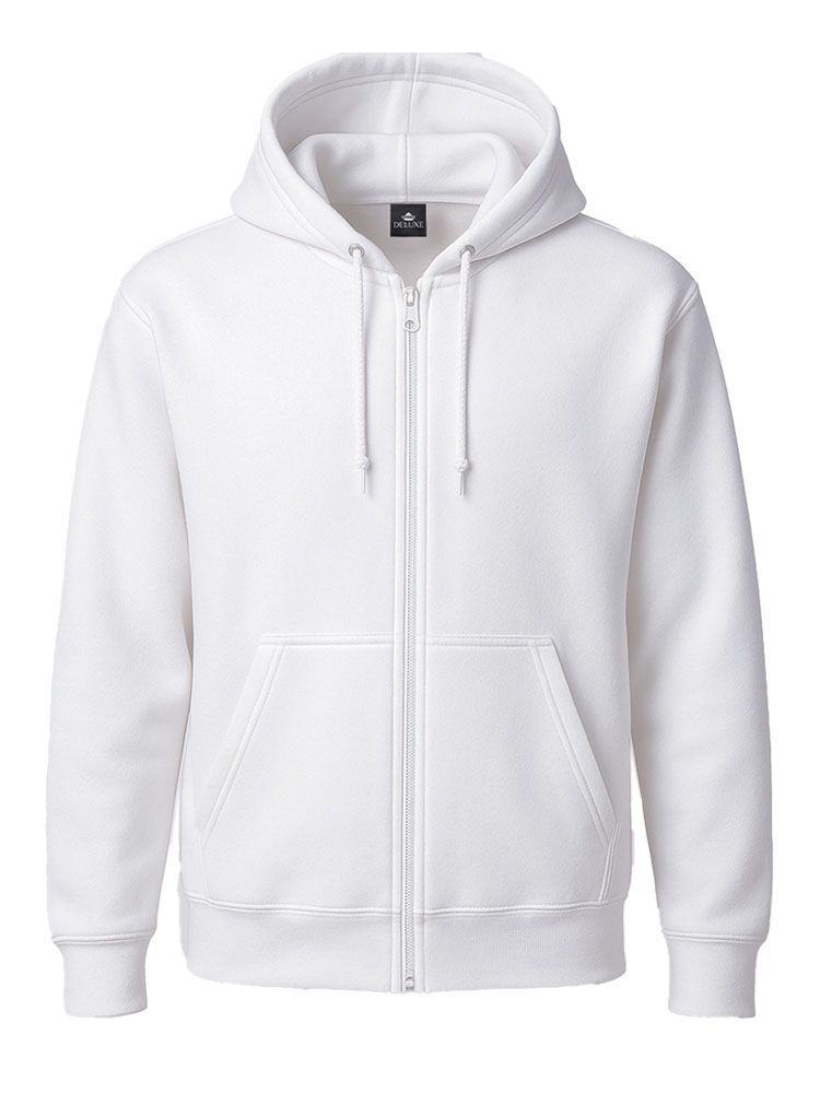 Weiße Unisex Kapuzen-Sweatjacke, gerade geschnitten, mit Kängurutaschen und Kapuze