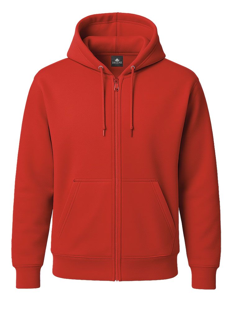 Rote Unisex Kapuzen-Sweatjacke, gerade geschnitten, mit Kängurutaschen und Kapuze