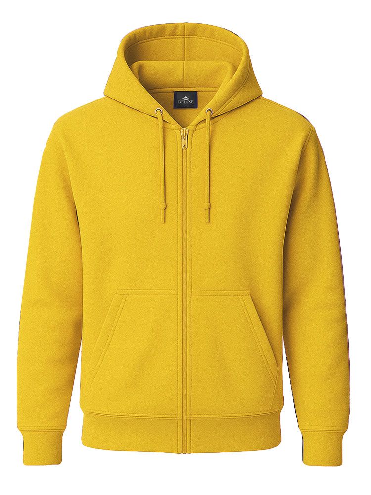 Gelbe Unisex Kapuzen-Sweatjacke, gerade geschnitten, mit Kängurutaschen und Kapuze
