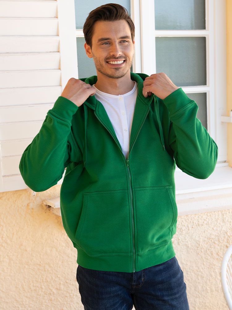 Grüne Unisex Kapuzen-Sweatjacke, gerade geschnitten, mit Kängurutaschen und Kapuze