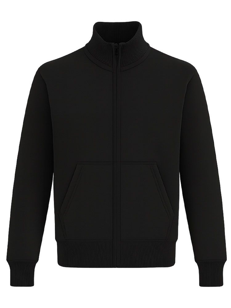 Schwarze Unisex Stehkragen-Sweatjacke, gerade geschnitten, mit Stehkragen und Seitentaschen