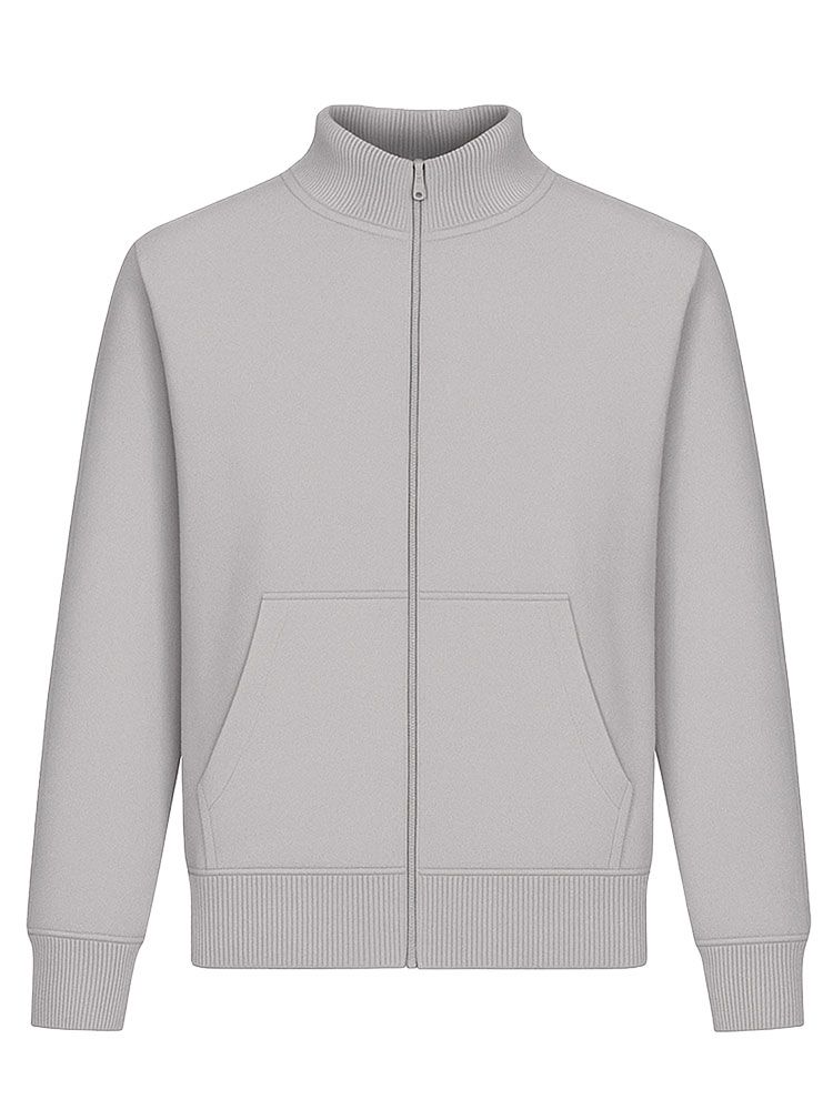 Graue Unisex Stehkragen-Sweatjacke, gerade geschnitten, mit Stehkragen und Seitentaschen