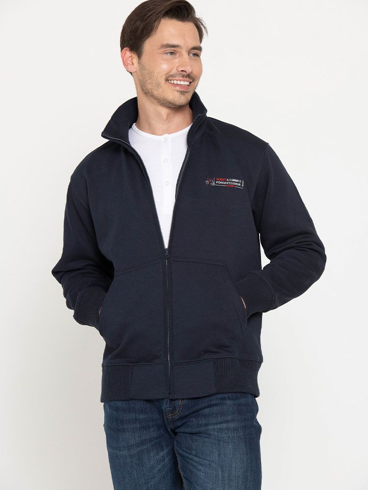 Dunkelgraue Unisex Sweatjacke mit Stehkragen – pflegeleicht, modern & ideal für Teamwear